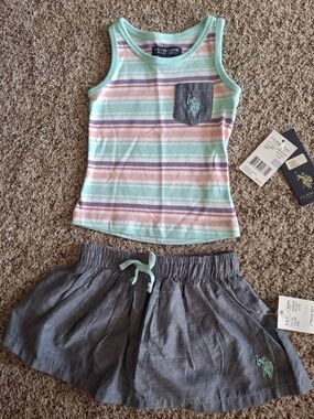 U.S. Polo Assn. Girls' Mint Stripe Tank Top & Gray Skirt Set